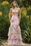 Pink Mermaid Tiered Ruffle Sequin Long Floral Ball Dress with Slit