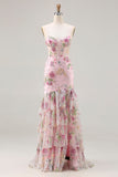 Pink Mermaid Sequin Floral Tiered Ruffle Long Ball Dress with Slit