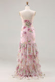 Pink Mermaid Sequin Floral Tiered Ruffle Long Ball Dress with Slit