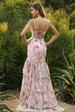Pink Mermaid Tiered Ruffle Sequin Long Floral Ball Dress with Slit
