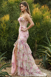 Pink Mermaid Tiered Ruffle Sequin Long Floral Ball Dress with Slit