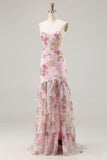 Pink Mermaid Sequin Floral Tiered Ruffle Long Ball Dress with Slit