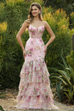 Pink Mermaid Tiered Ruffle Sequin Long Floral Ball Dress with Slit