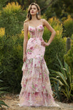 Pink Mermaid Tiered Ruffle Sequin Long Floral Ball Dress with Slit