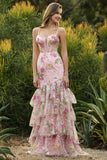 Pink Mermaid Tiered Ruffle Sequin Long Floral Ball Dress with Slit