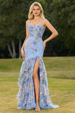 Pink Mermaid Tiered Ruffle Sequin Long Floral Ball Dress with Slit