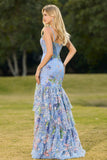 Pink Mermaid Tiered Ruffle Sequin Long Floral Ball Dress with Slit