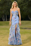 Pink Mermaid Tiered Ruffle Sequin Long Floral Ball Dress with Slit