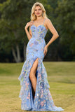 Pink Mermaid Tiered Ruffle Sequin Long Floral Ball Dress with Slit