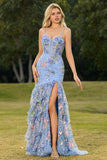 Pink Mermaid Tiered Ruffle Sequin Long Floral Ball Dress with Slit