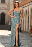 Mermaid Beaded Grey Green Backless Floral Long Ball Dress with Slit