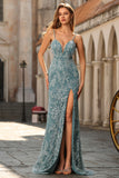 Mermaid Beaded Grey Green Backless Floral Long Ball Dress with Slit