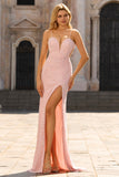 Pink Beaded Floral Mermaid Backless Long Ball Dress with Slit