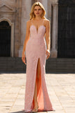 Pink Beaded Floral Mermaid Backless Long Ball Dress with Slit