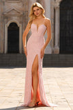 Pink Beaded Floral Mermaid Backless Long Ball Dress with Slit