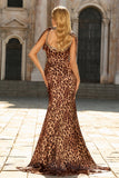 Mermaid Brown Leopard Beaded Strap Bows Printed Long Ball Dress with Slit