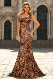 Mermaid Brown Leopard Beaded Strap Bows Printed Long Ball Dress with Slit
