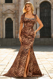 Mermaid Brown Leopard Beaded Strap Bows Printed Long Ball Dress with Slit