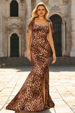 Mermaid Brown Leopard Beaded Strap Bows Printed Long Ball Dress with Slit