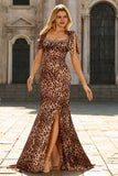 Mermaid Brown Leopard Beaded Strap Bows Printed Long Ball Dress with Slit