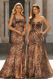 Mermaid Brown Leopard Beaded Strap Bows Printed Long Ball Dress with Slit