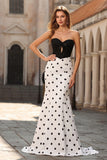 Black White Mermaid Cut Out Satin Long Polka Dots Dress with Bow
