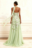 Dusty Sage Strapless A-Line Embroidered Long Prom Dress With Slit