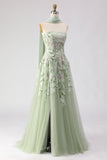 Strapless Dusty Sage A-Line Sequins Embroidered Long Ball Dress with Slit