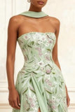 Dusty Sage Strapless A-Line Embroidered Long Prom Dress With Slit