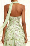 Dusty Sage Strapless A-Line Embroidered Long Prom Dress With Slit