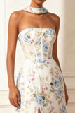 Strapless White Printed Corset Prom Dress With Slit