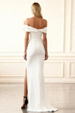 Off The Shoulder White Sheath Wedding Dress With Slit