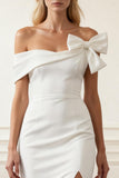 Off The Shoulder White Sheath Wedding Dress With Slit
