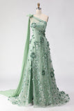 Eucalyptus One Shoulder A-Line Sequins 3D Flowers Long Ball Dress with Slit