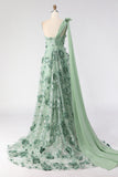Eucalyptus One Shoulder A-Line Sequins 3D Flowers Long Ball Dress with Slit