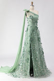 Eucalyptus One Shoulder A-Line Sequins 3D Flowers Long Ball Dress with Slit