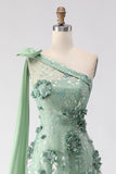 Eucalyptus One Shoulder A-Line Sequins 3D Flowers Long Ball Dress with Slit