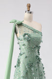 Eucalyptus One Shoulder A-Line Sequins 3D Flowers Long Ball Dress with Slit
