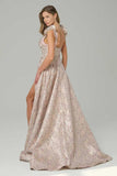 Pink A-Line Floral Printed Corset Long Ball Dress with Slit