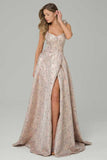 Pink A-Line Floral Printed Corset Long Ball Dress with Slit