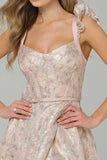 Pink A-Line Floral Printed Corset Long Ball Dress with Slit