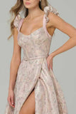Pink A-Line Floral Printed Corset Long Ball Dress with Slit