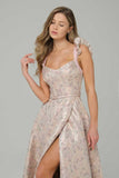 Pink A-Line Floral Printed Corset Long Ball Dress with Slit