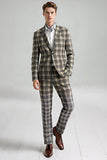 Brown Grey 2 Piece Notched Lapel Grid Men's Prom Suits with Pockets