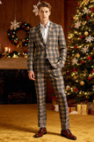 Brown Grey 2 Piece Notched Lapel Grid Men's Prom Suits with Pockets