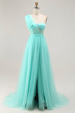 Mint Green A Line One Shoulder Corset Long Prom Dress With Slit