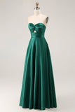 Strapless A Line Dark Green Satin Cut-Out Wedding Guest Dress