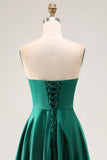 Strapless A Line Dark Green Satin Cut-Out Wedding Guest Dress