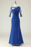 Royal Blue Mermaid Appliqued Ruched Mother of the Bride Dress with Sleeves