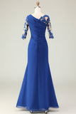 Royal Blue Mermaid Appliqued Ruched Mother of the Bride Dress with Sleeves